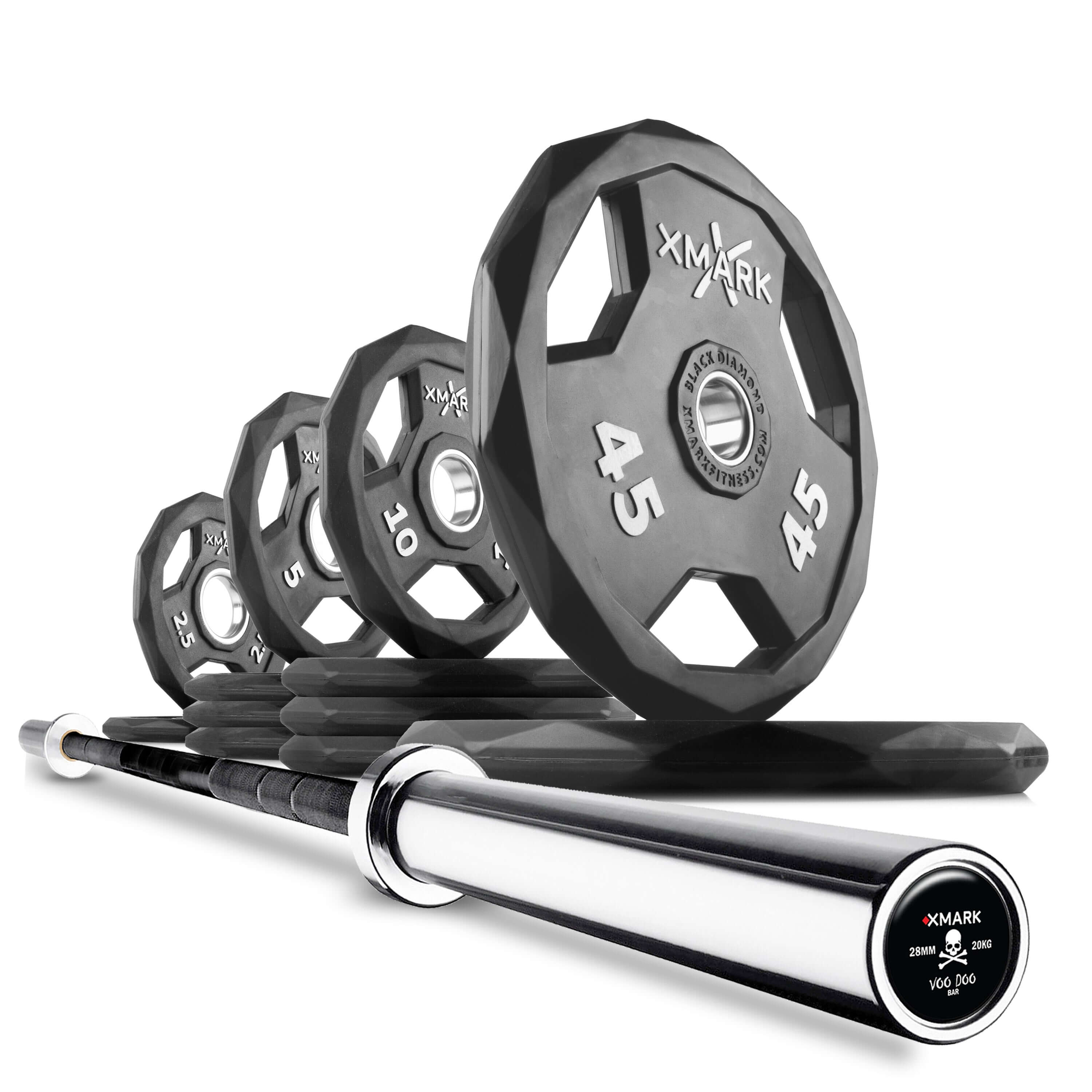 Black Diamond Olympic Weight Plates and Olympic Barbell Sets with various weights displayed on a barbell.