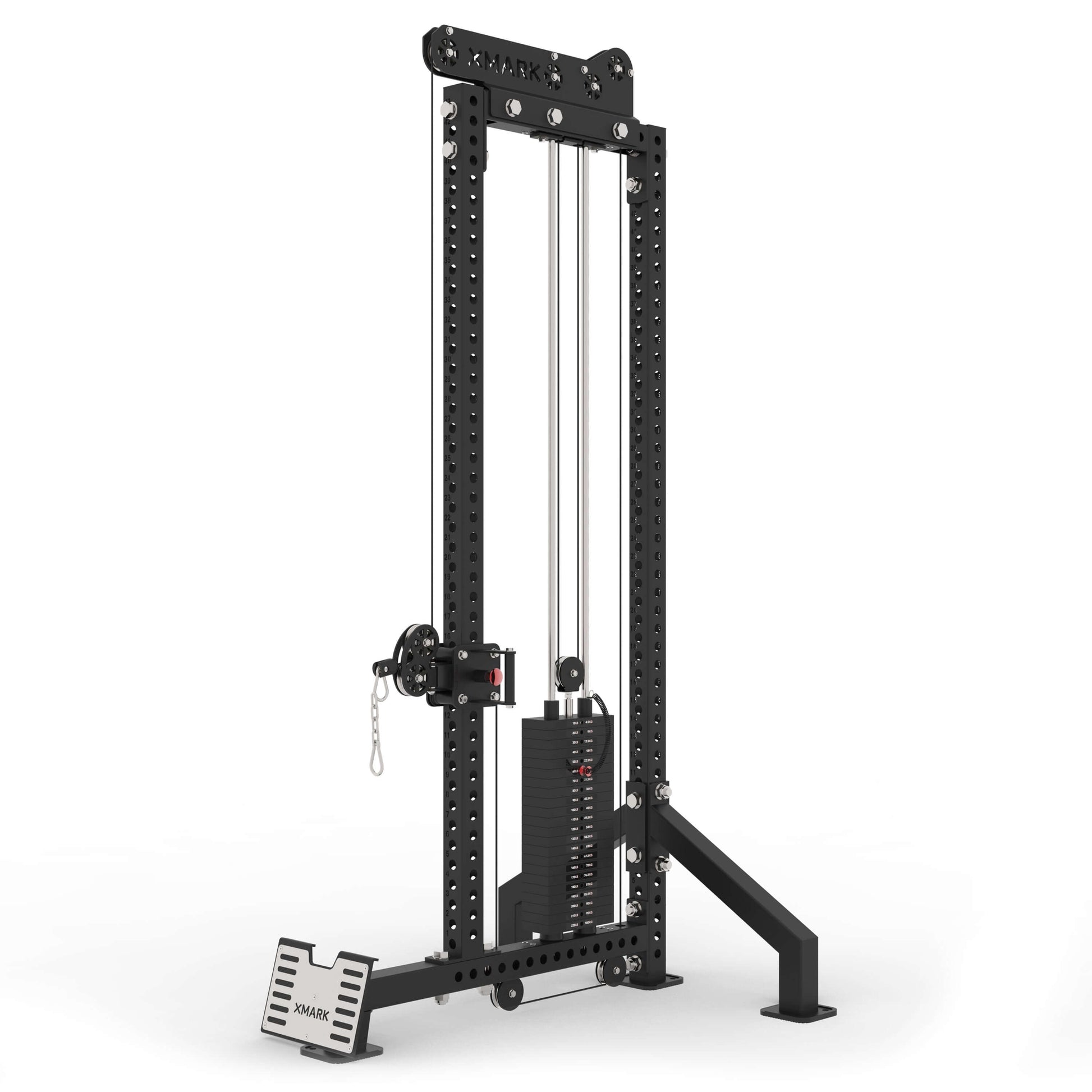 Commercial Single-Stack Functional Trainer Low Row Cable Attachments with rugged steel frame and adjustable weight stack.