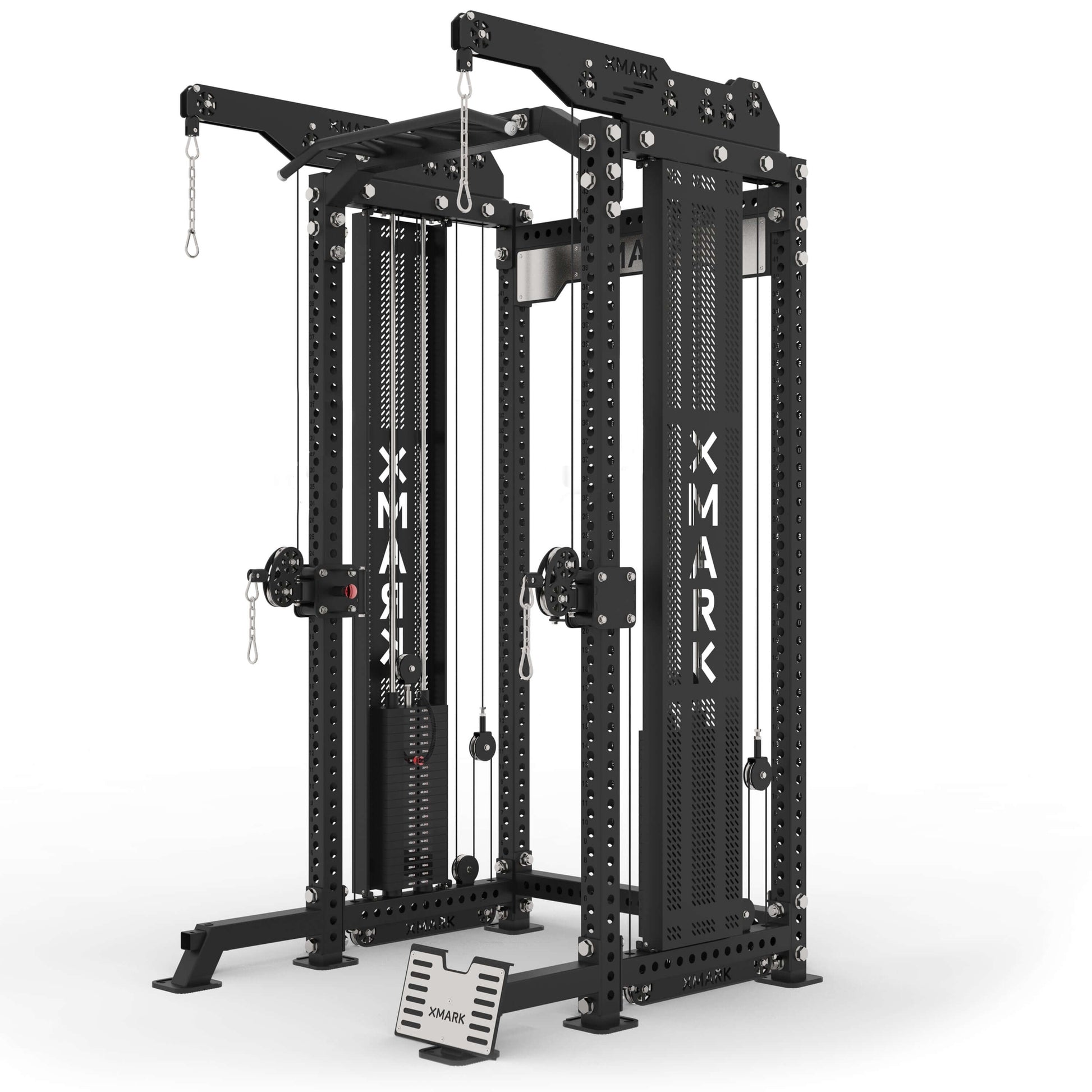 Commercial Half Rack Functional Trainer with Lat Pulldown and Low Row by XMARK featuring industrial-grade frame and 220-pound stack.