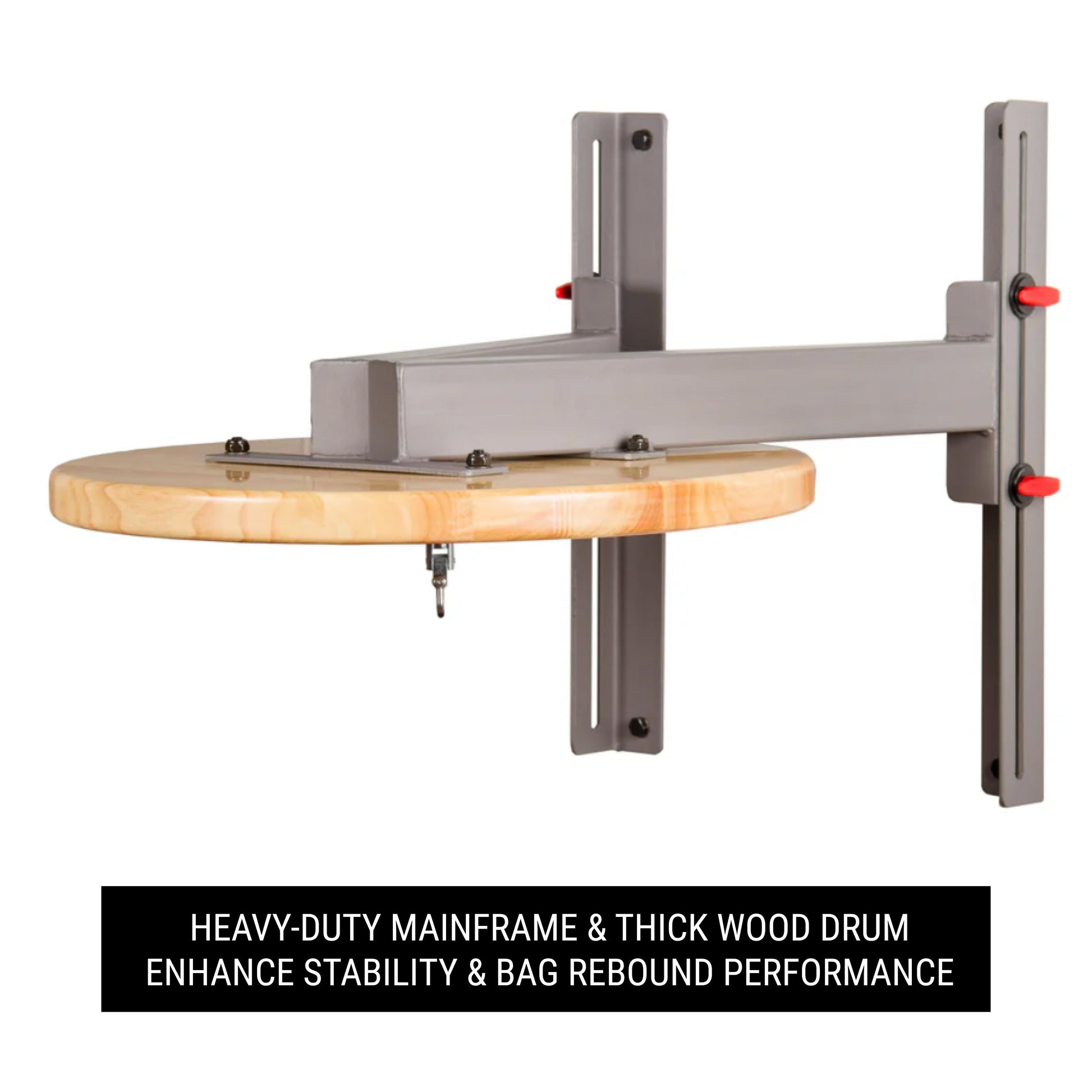 Wall Mounted Speed Bag Platform with Shackle Swivel featuring heavy-duty mainframe and thick wood drum for enhanced stability.