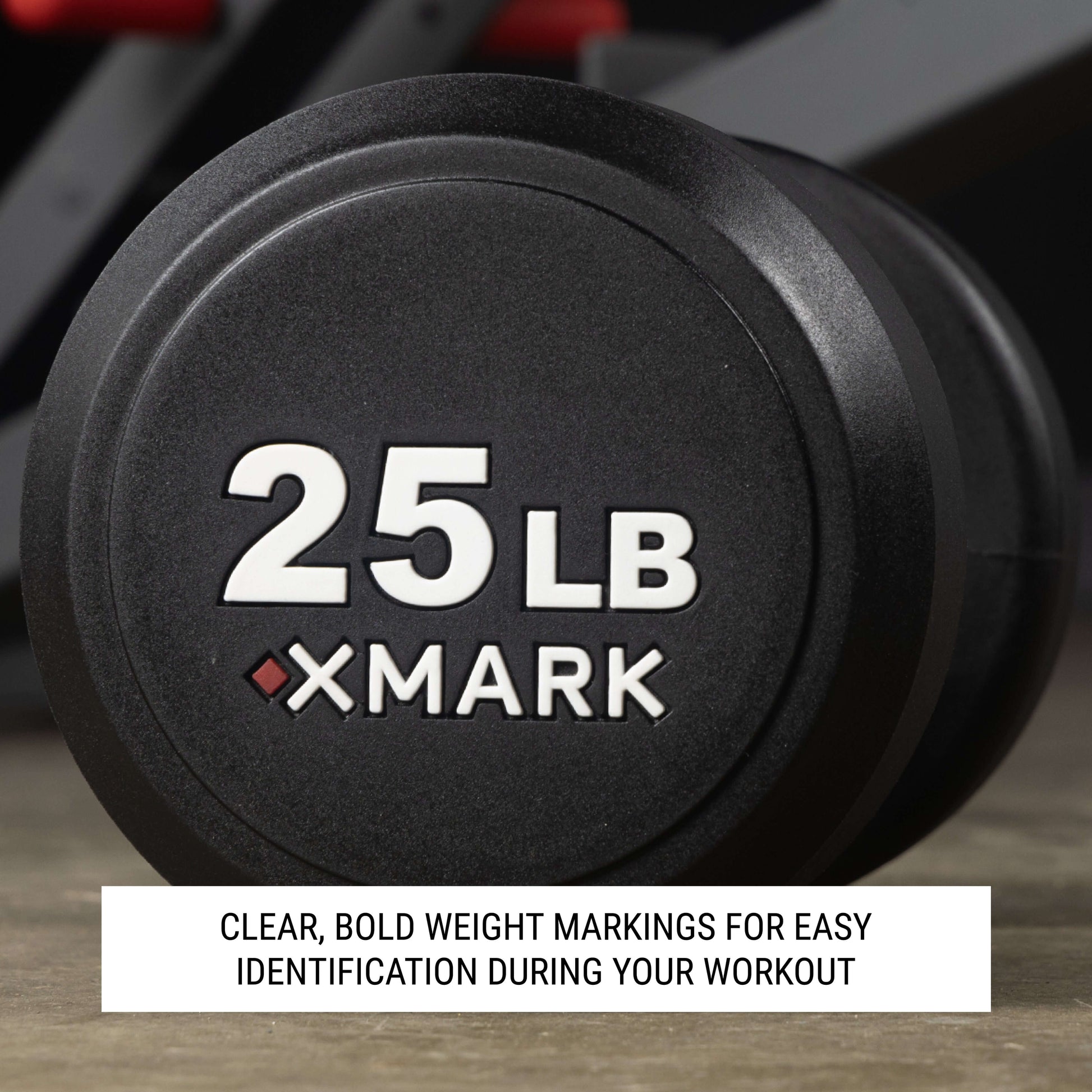 Round Commercial Urethane Dumbbells with clear weight markings for easy identification during workouts.