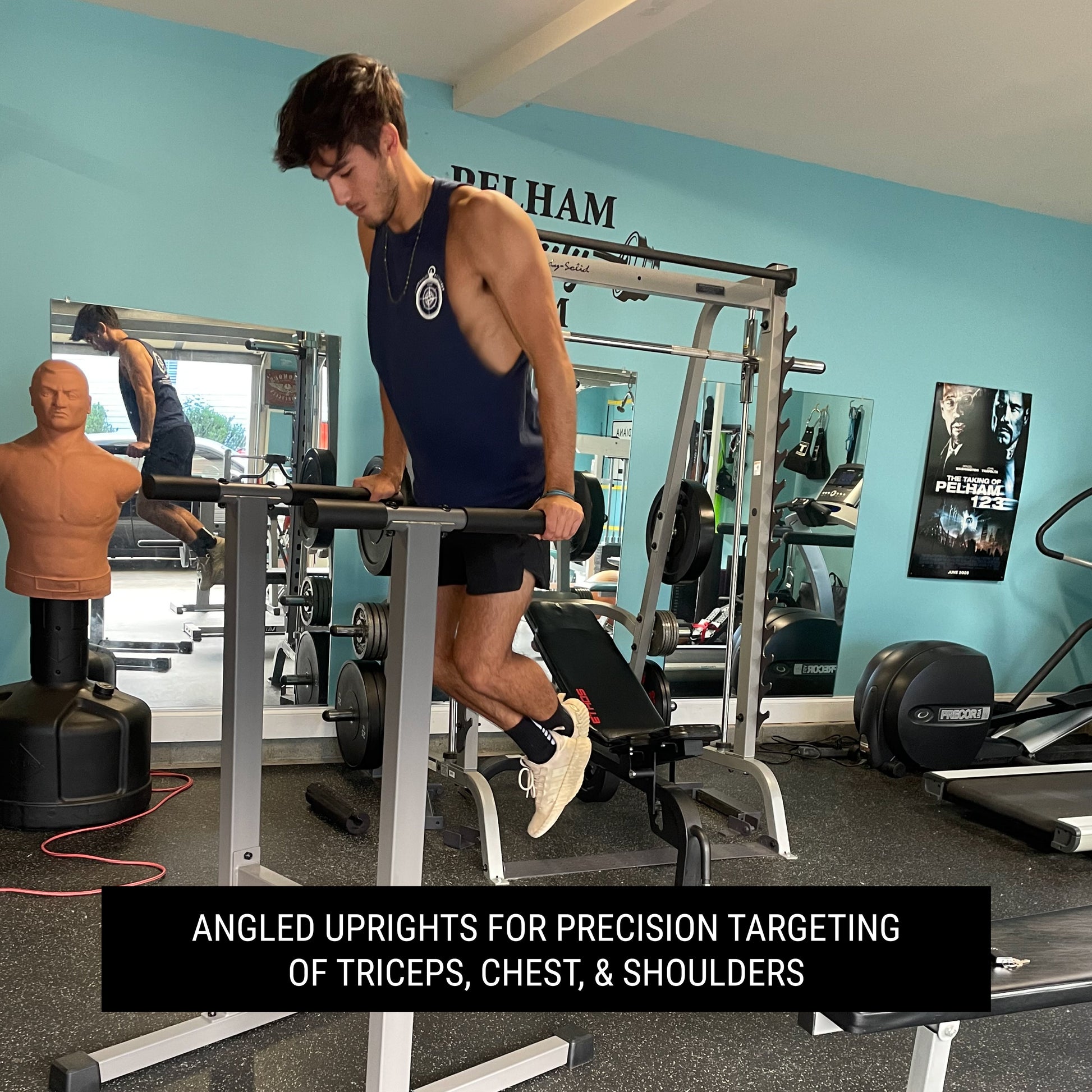 Dip Stand Station Bar for Vertical Knee Raise in use, showcasing angled uprights for targeting triceps, chest, and shoulders.