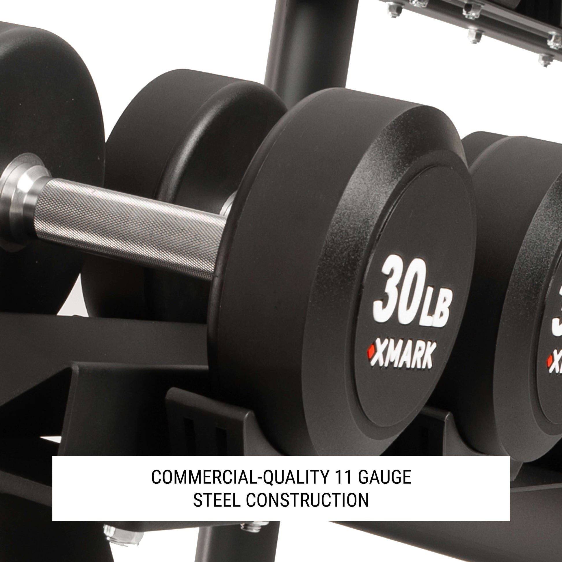 Commercial 2-Tier Dumbbell Rack - 10 Dumbbell Pairs showing rugged construction with 30 lb weights.