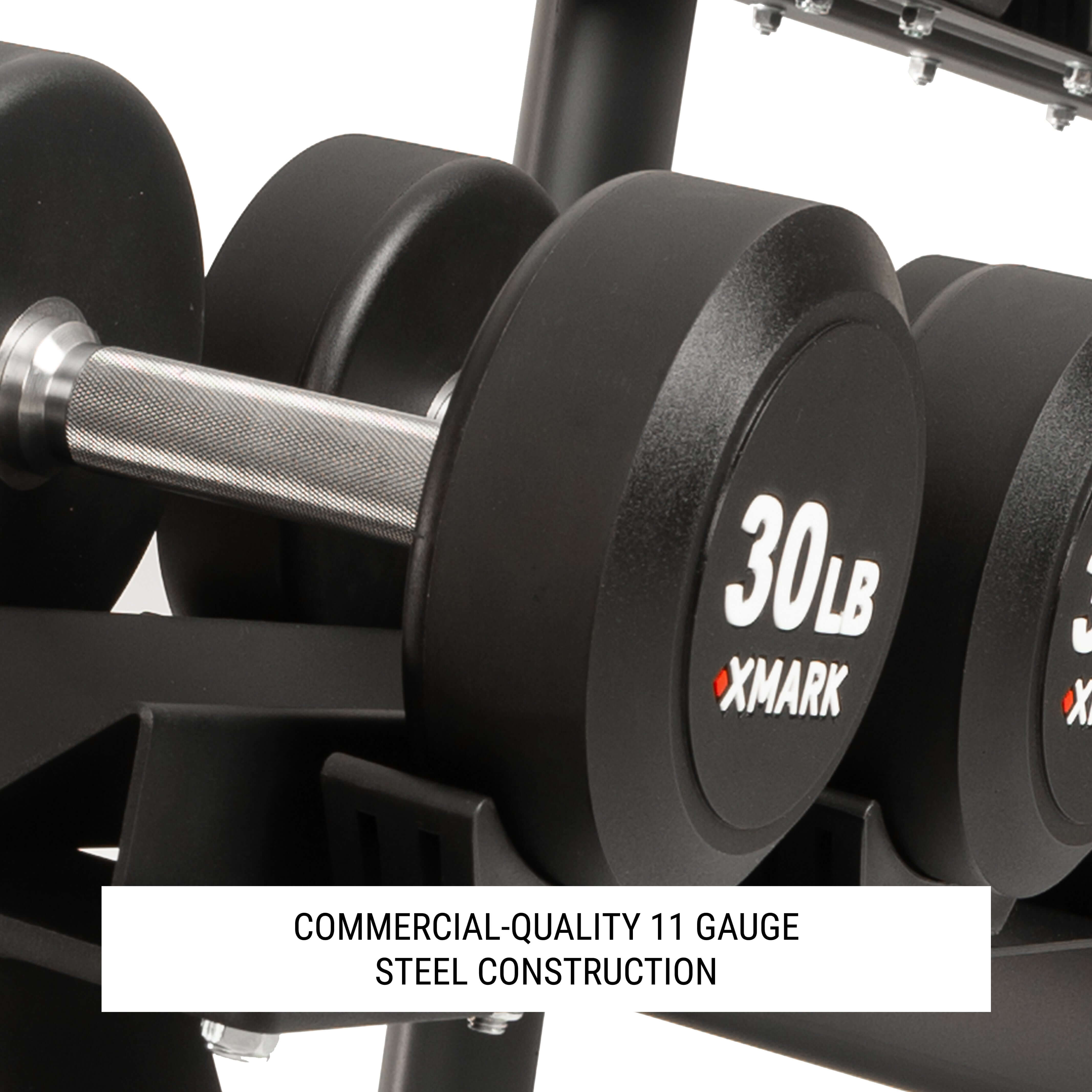 Commercial 2-Tier Dumbbell Rack - 10 Dumbbell Pairs showing rugged construction with 30 lb weights.