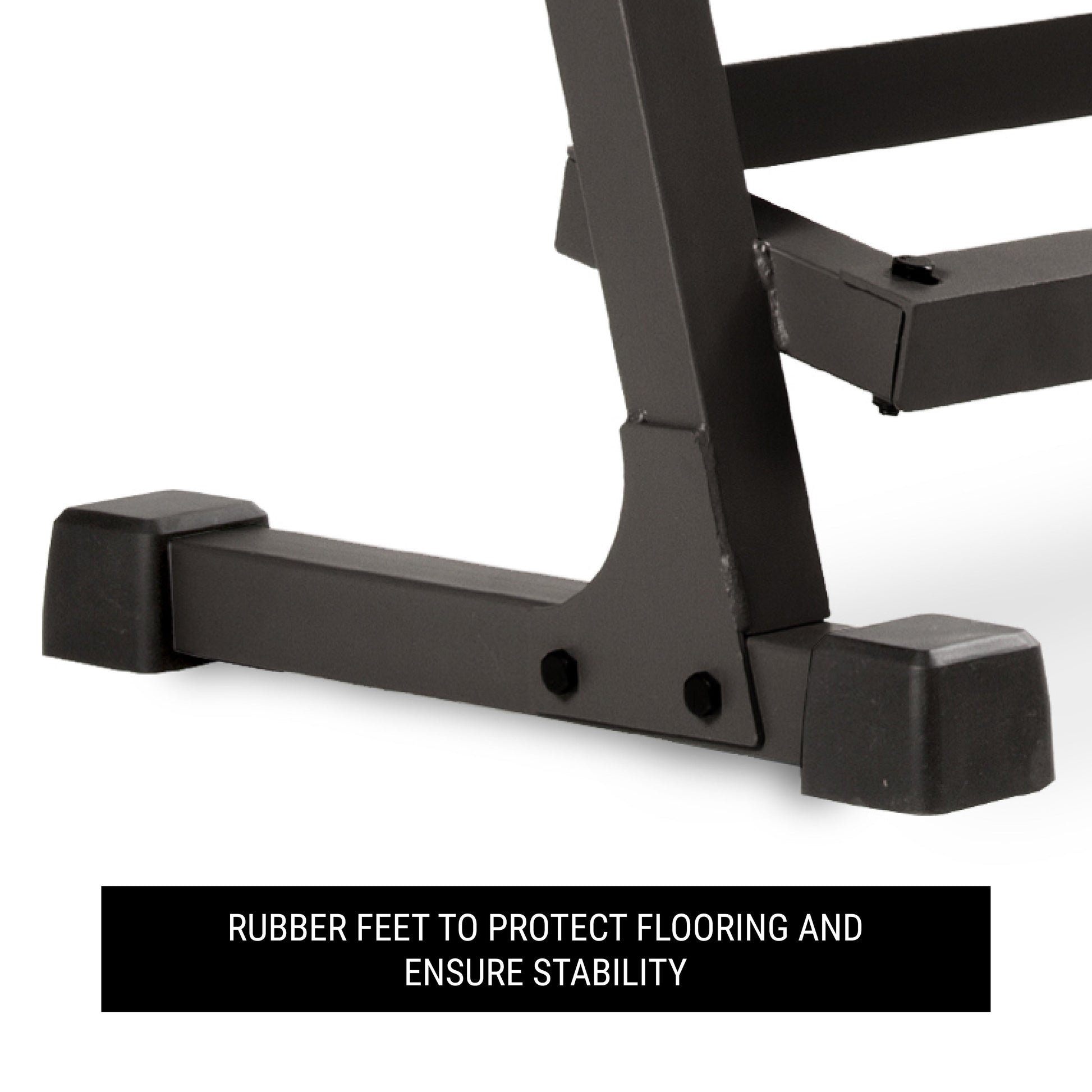 Rubber feet on the base of the 2-Tier Dumbbell Rack 450 lb Capacity ensure flooring protection and stability.