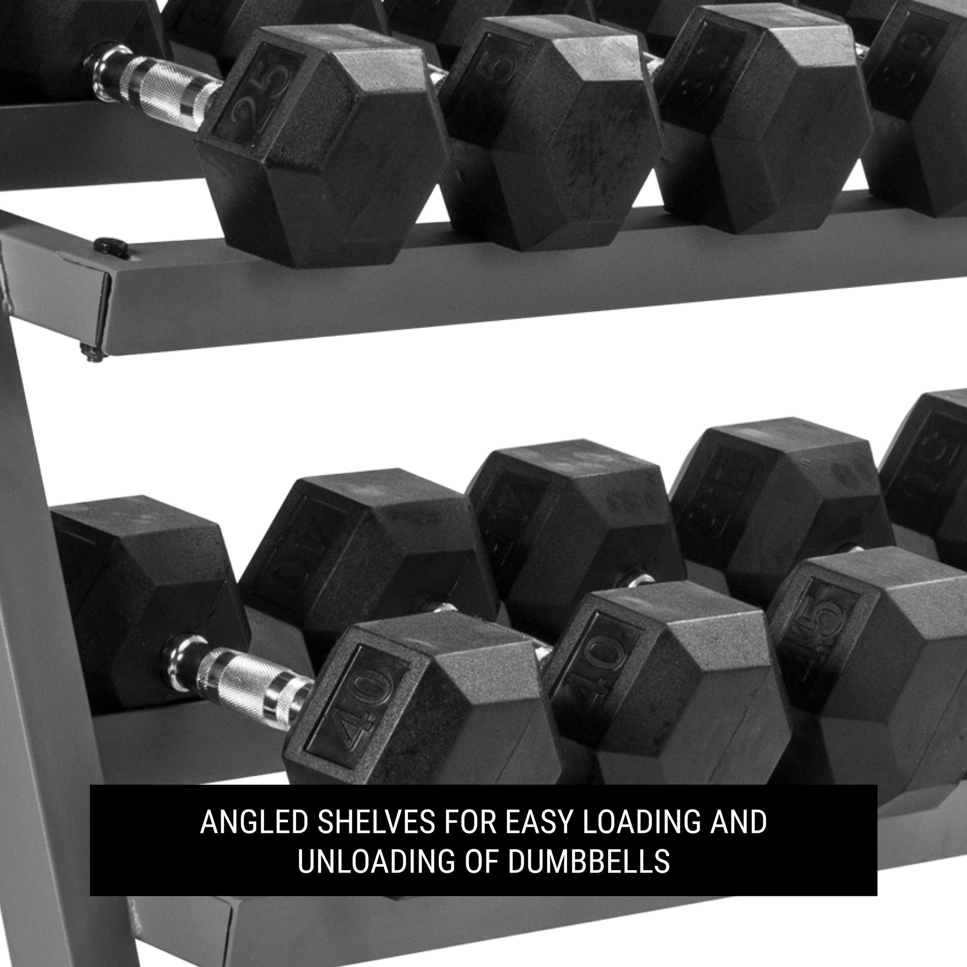 3-Tier Dumbbell Rack - 10 Dumbbell Pairs with angled shelves for easy loading and unloading of dumbbells.