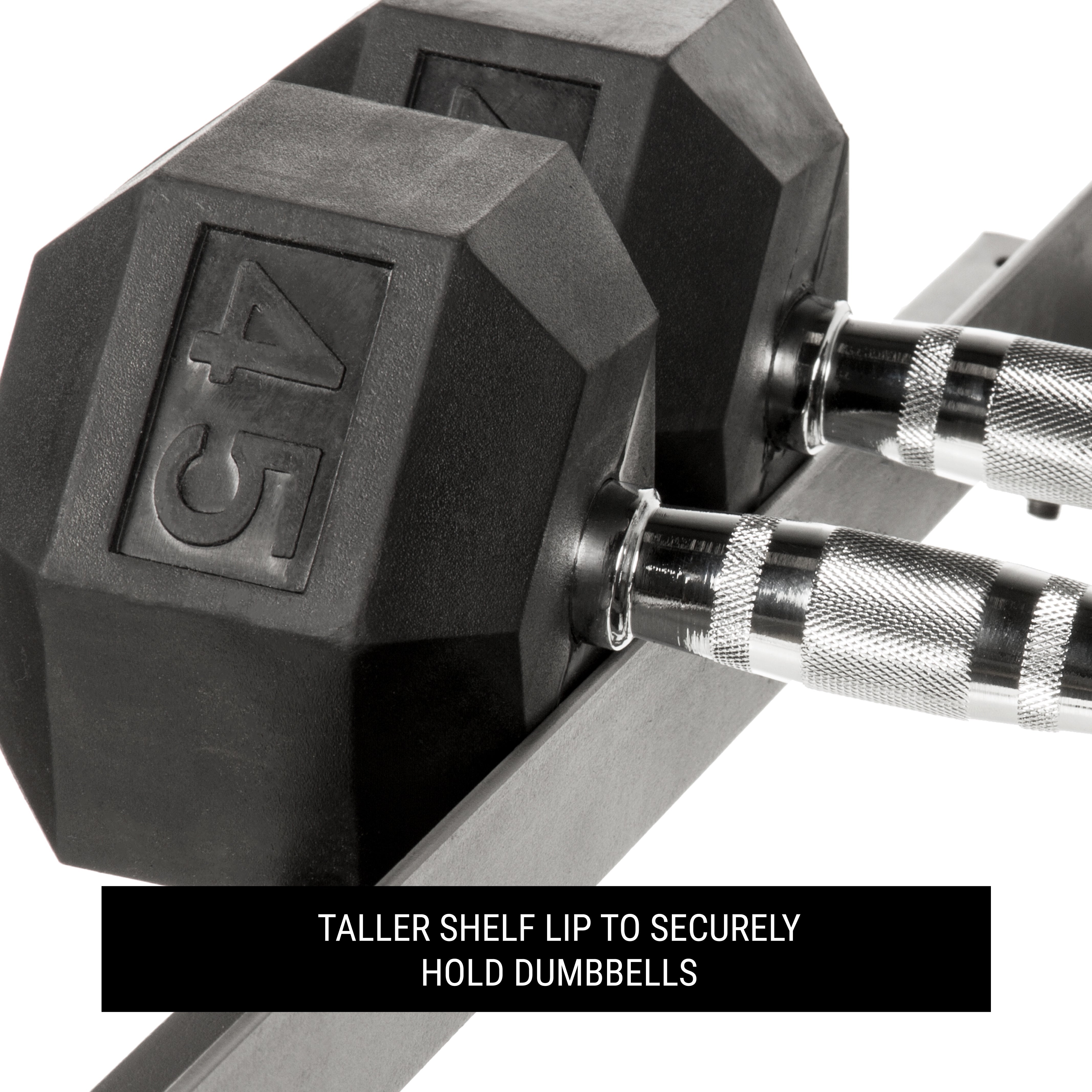 2-Tier Dumbbell Rack 450 lb Capacity with taller shelf lip to securely hold dumbbells