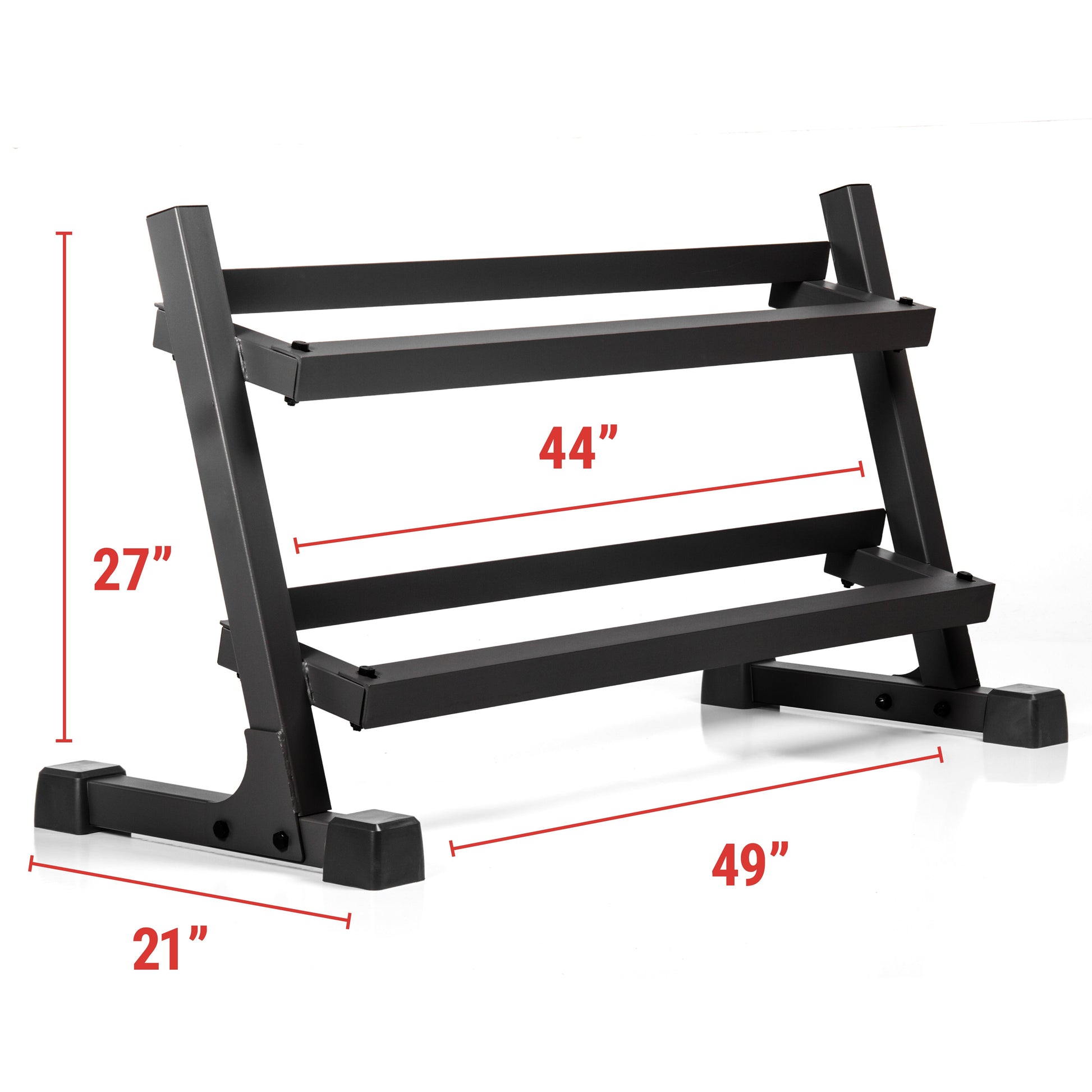 2-Tier Dumbbell Rack 450 lb Capacity with dimensions of 49" width, 27" height, and 21" depth.