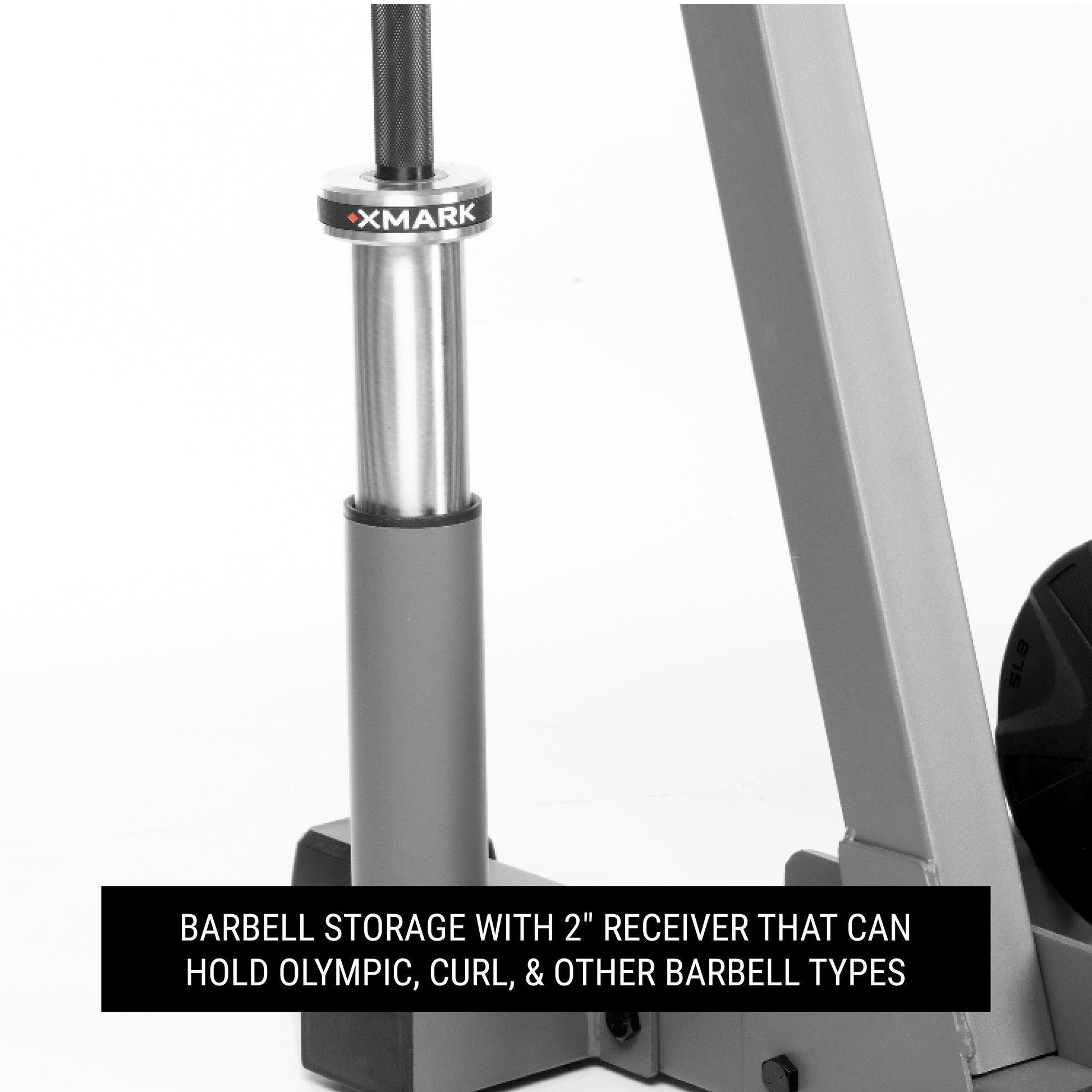 Barbell storage with 2" receiver that can hold Olympic, curl, & other barbell types.