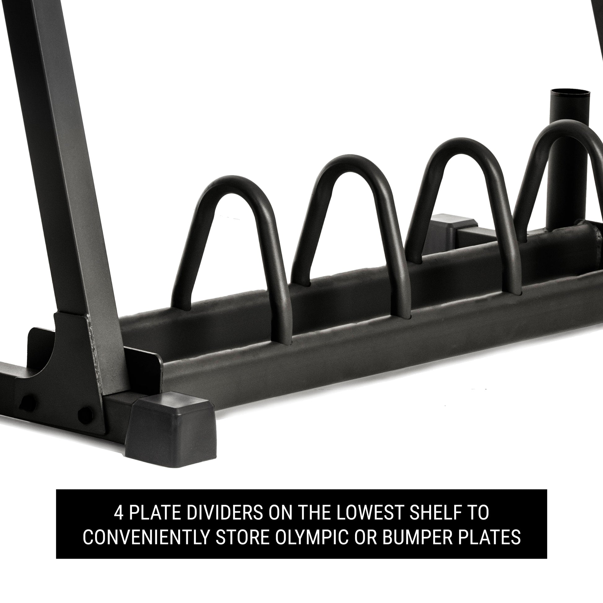 All-In-One Storage For Dumbbells Weight Plates and Barbells with 4 plate dividers for convenient storage.