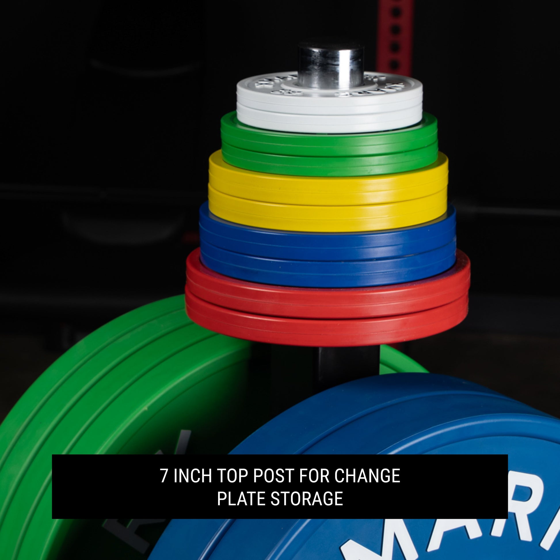 Commercial Bumper Plate Tree on Castors with Dual Bar Holders displaying 7 inch top post for change plate storage.