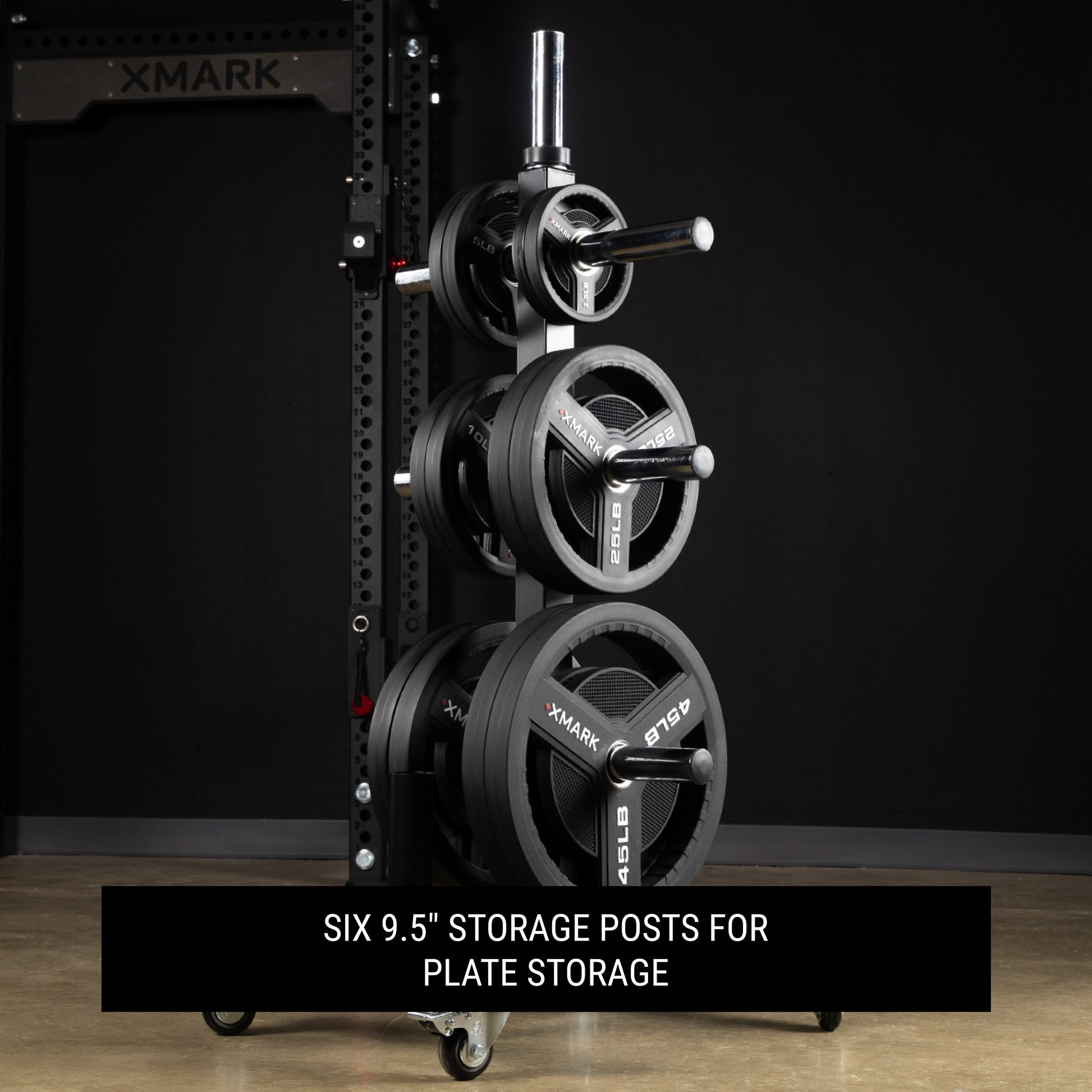 Commercial Olympic Weight Plate Tree on Castors with Dual Bar Holders in use for optimal weight storage.