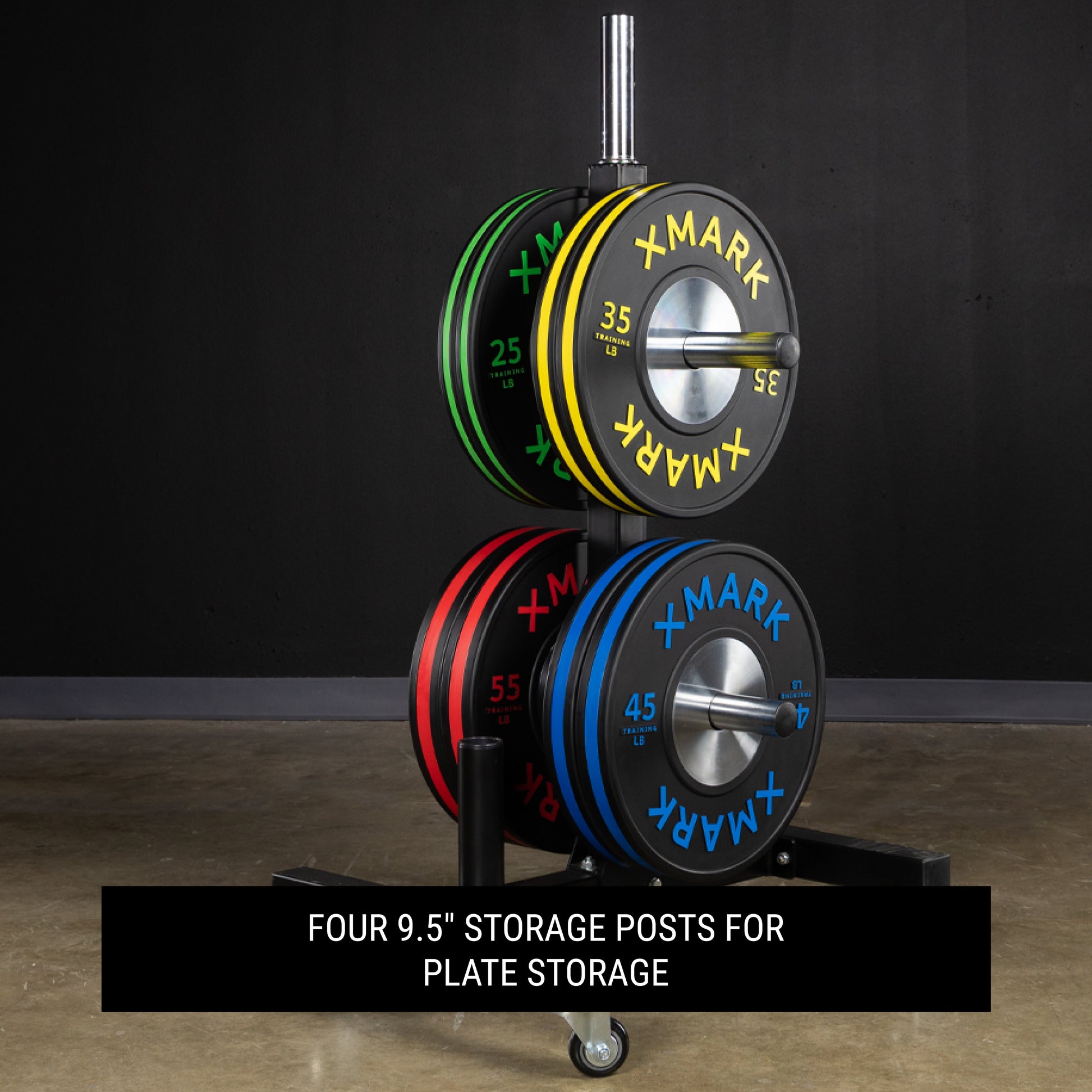 Commercial Bumper Plate Tree on Castors with Dual Bar Holders showcasing four 9.5 inch storage posts for plate storage.