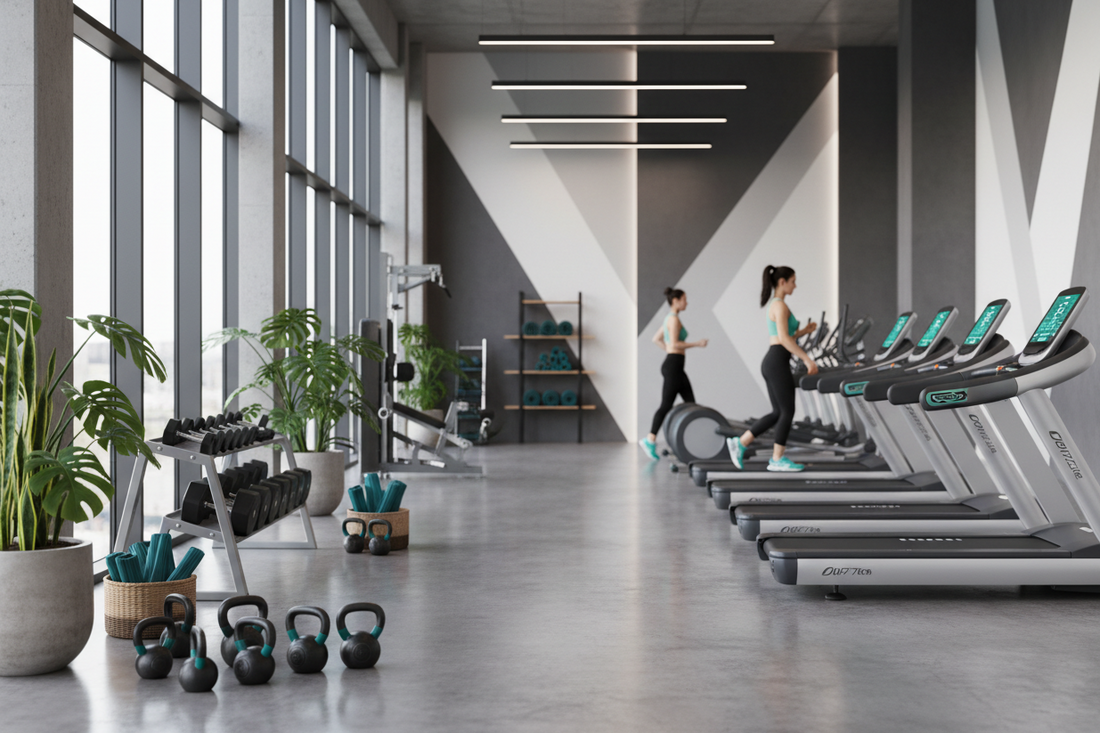 a gym setting with this color #0F766E