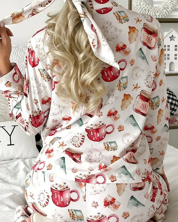 Printed Collared Neck Top and Pants Lounge Set