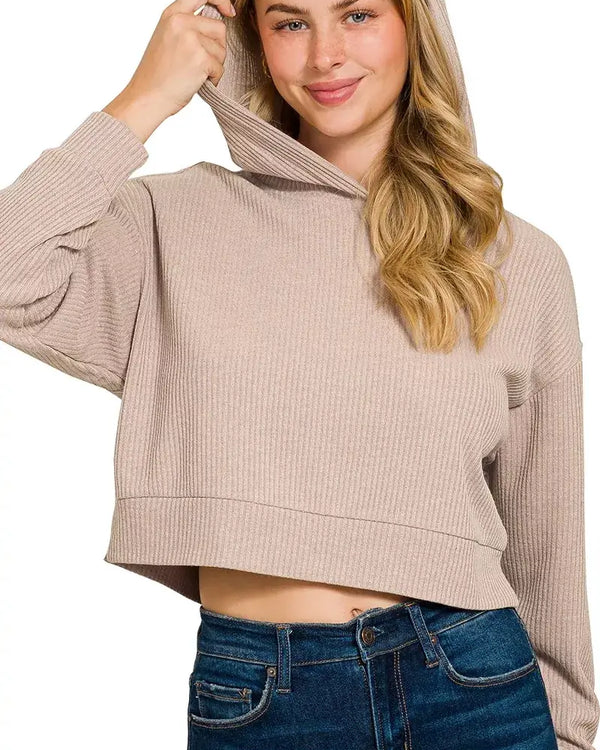 Zenana Drop Shoulder Ribbed Crop Hoodie