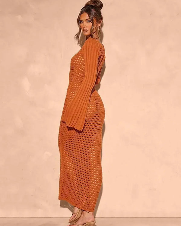 Openwork Square Neck Flare Sleeve Cover-Up Dress