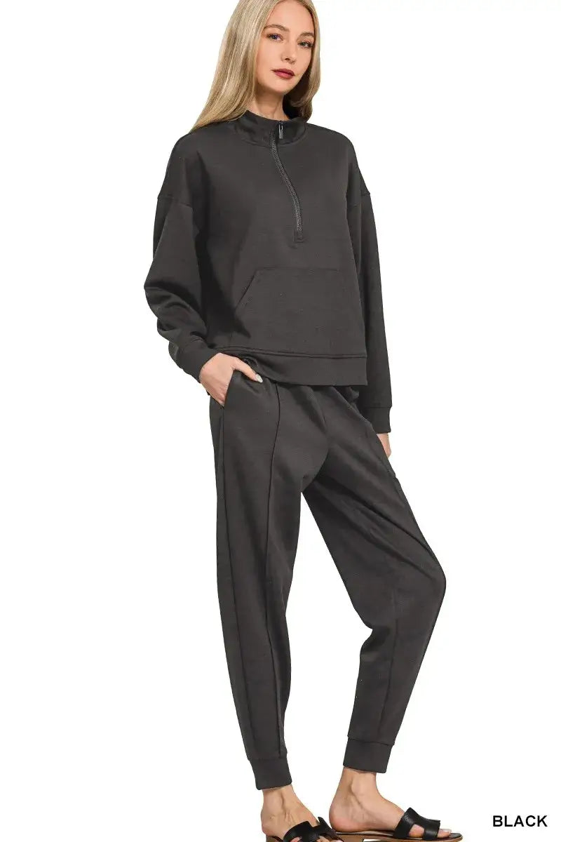 Zenana Scuba Half Zip Sweatshirt and Joggers Set in black, featuring a half zip and modern scuba fabric.