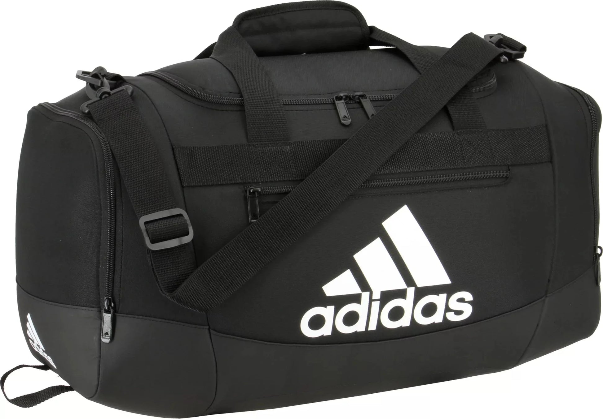 Adidas Defender IV Small Duffel Bag in black and white, featuring a sleek design and comfortable strap.
