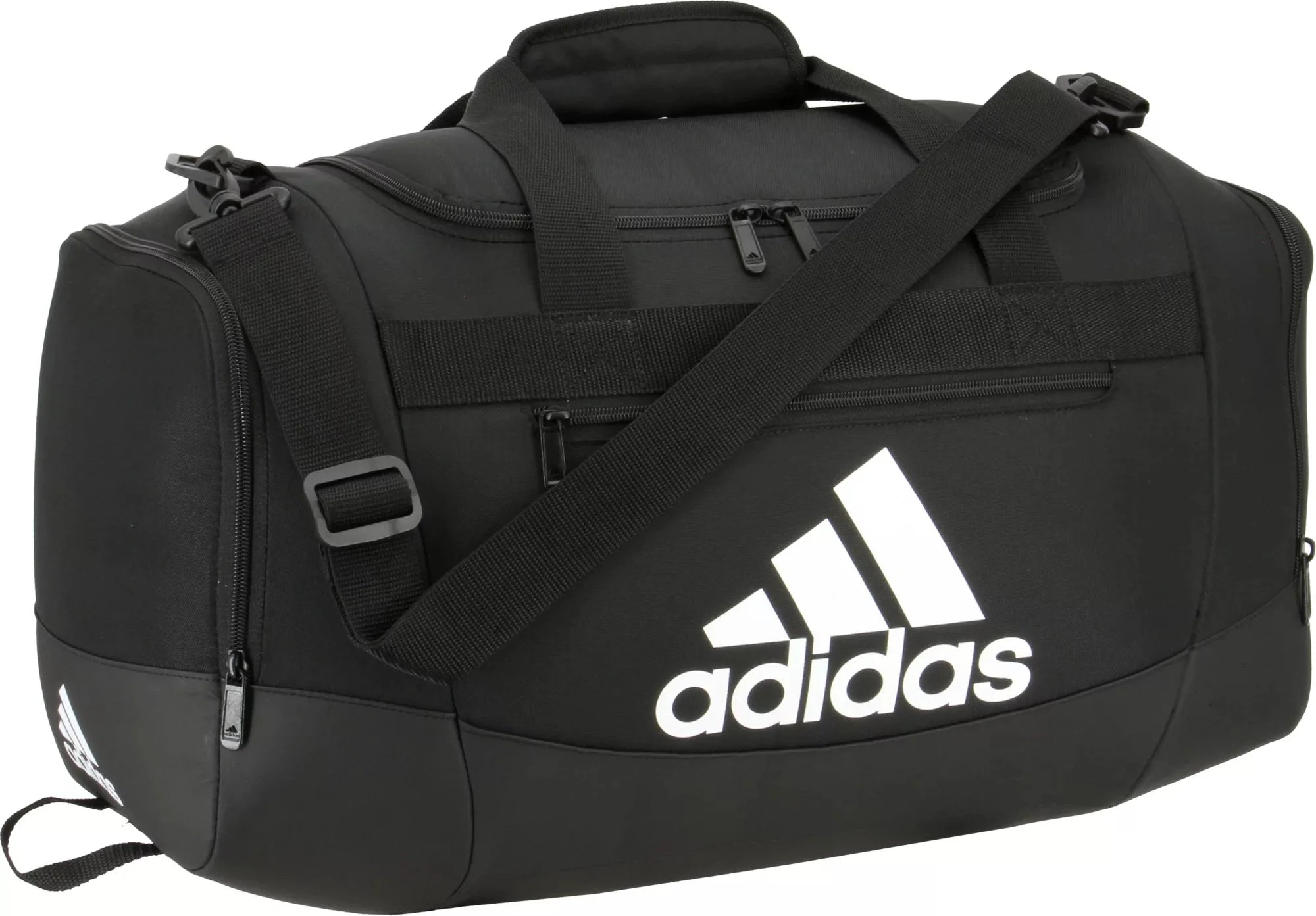 Adidas Defender IV Small Duffel Bag in black and white, featuring a sleek design and comfortable strap.