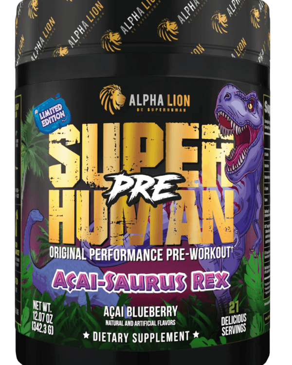 Alpha Lion Superhuman Pre-Workout Powder Acai-Saurus Rex limited edition supplement container with vibrant design.
