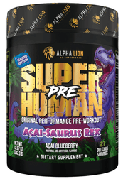 Alpha Lion Superhuman Pre-Workout Powder Acai-Saurus Rex limited edition supplement container with vibrant design.