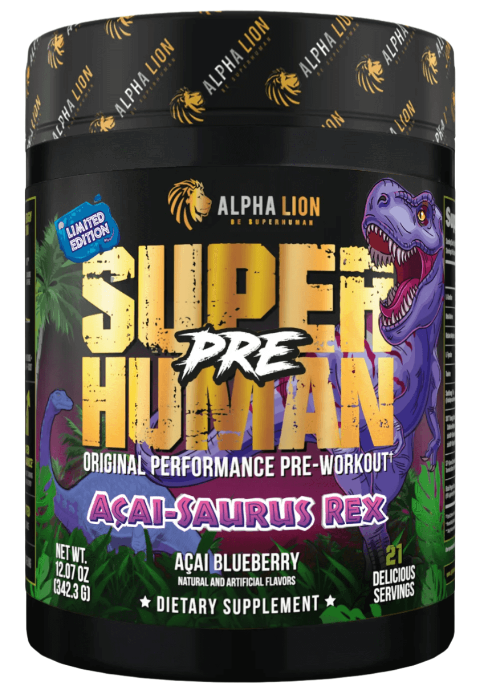 Alpha Lion Superhuman Pre-Workout Powder Acai-Saurus Rex limited edition supplement container with vibrant design.