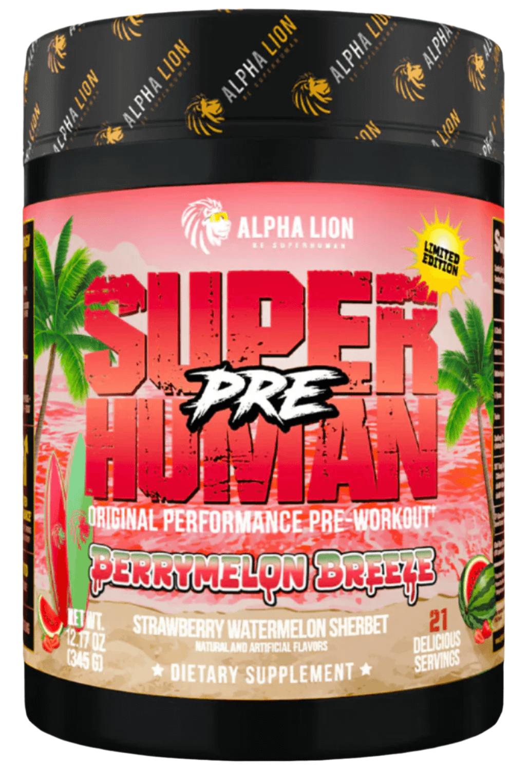 Alpha Lion Superhuman Pre-Workout Powder container featuring Perrymelon Breeze flavor with vibrant design and nutritional info.