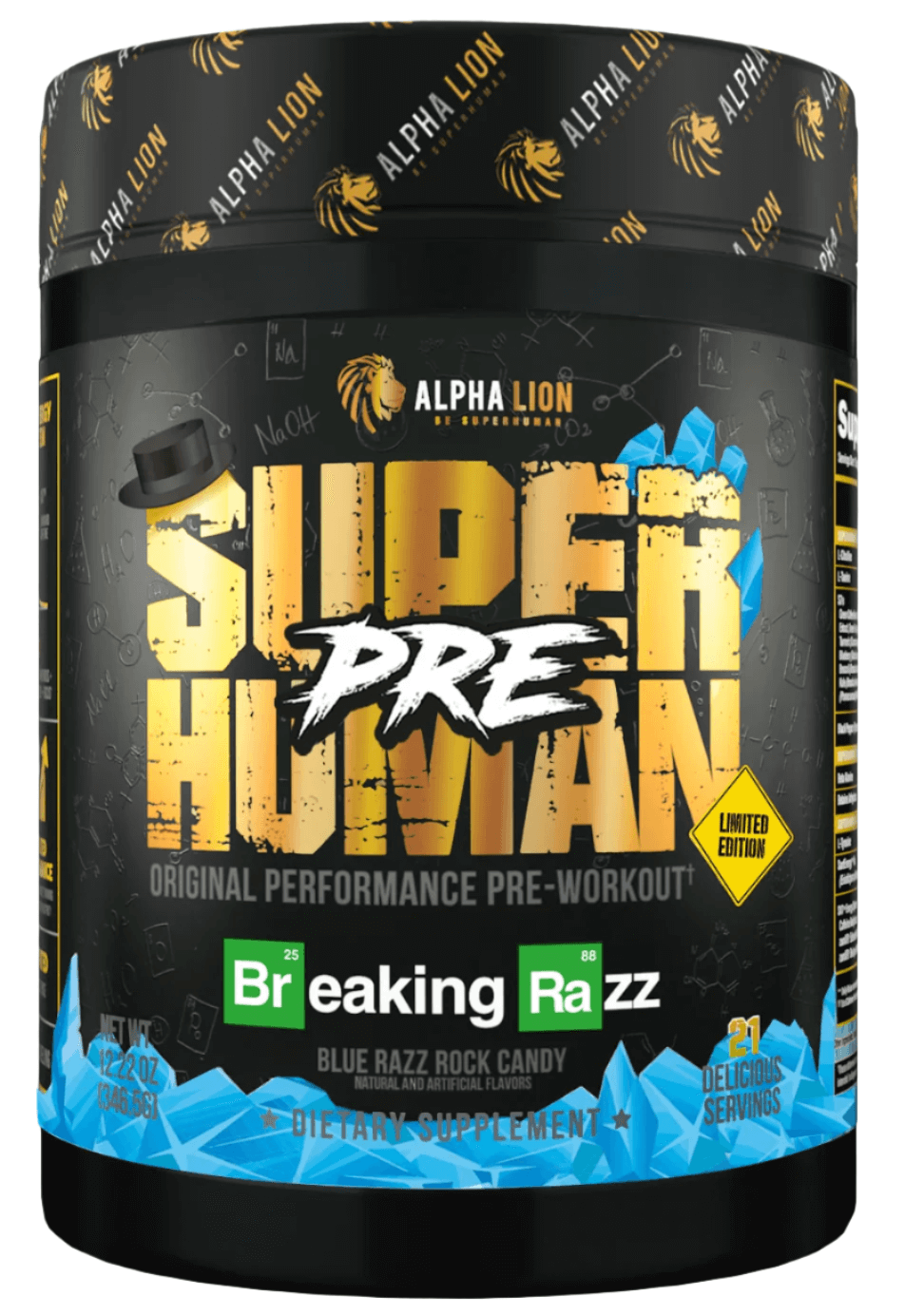 Alpha Lion Superhuman Pre-Workout Powder in Blue Razz flavor with a bold design and limited edition label.