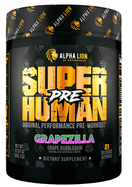 Alpha Lion Superhuman Pre-Workout Powder Grape Bubblegum flavor in a black container with bold yellow text.