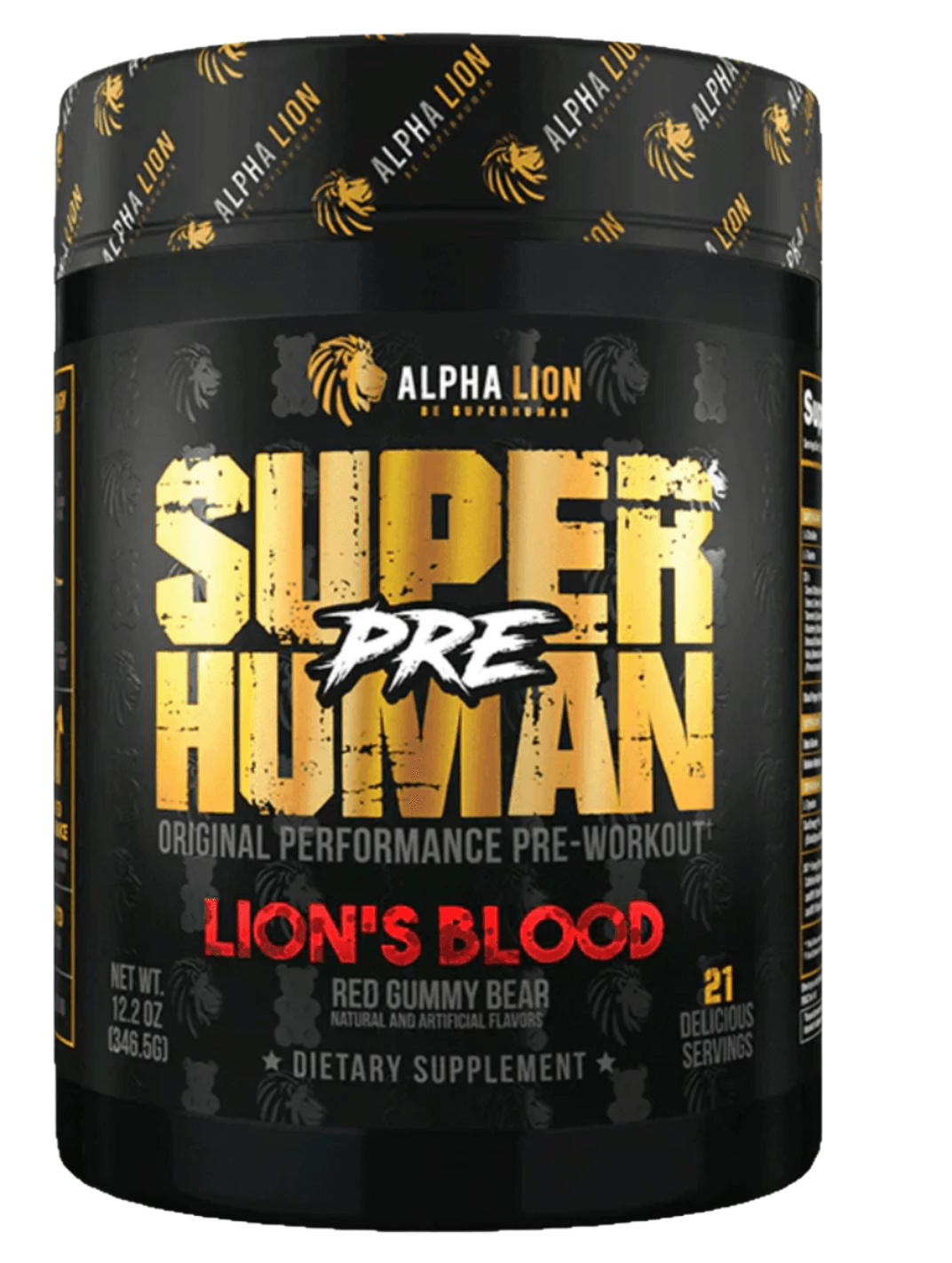 Alpha Lion Superhuman Pre-Workout Powder in Lion's Blood flavor, designed for optimal training intensity with delicious red gummy bear taste.