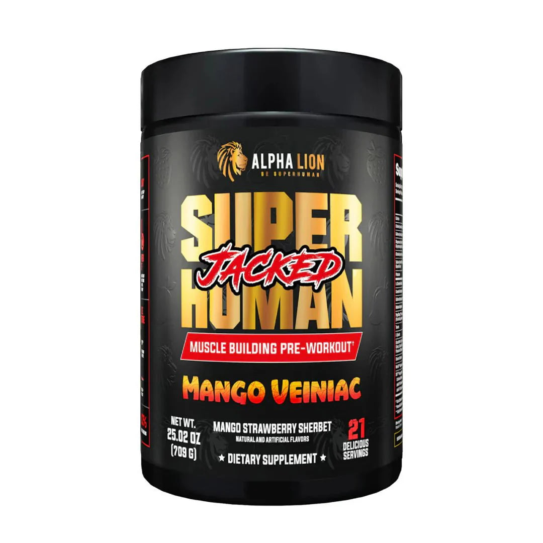 Alpha Lion Super Human Jacked Muscle Building Pre Workout Mango Veiniac 25.02oz container with 21 servings.
