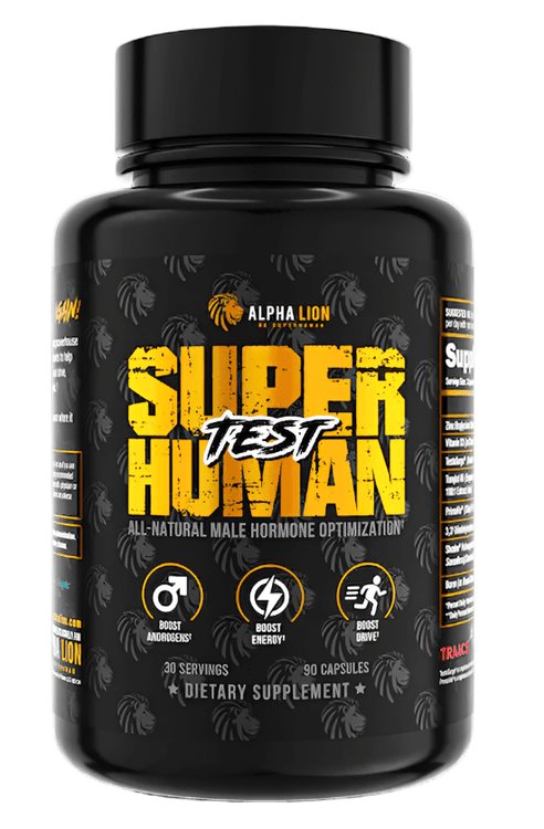 Alpha Lion Superhuman Test dietary supplement bottle for male hormone optimization, 30 servings.