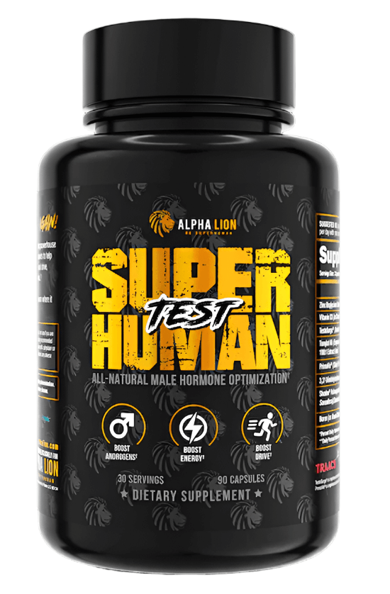 Alpha Lion Superhuman Test dietary supplement bottle for male hormone optimization, 30 servings.