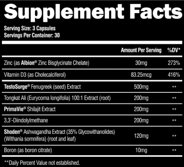 Alpha Lion Superhuman Test supplement facts showing key ingredients and serving sizes.