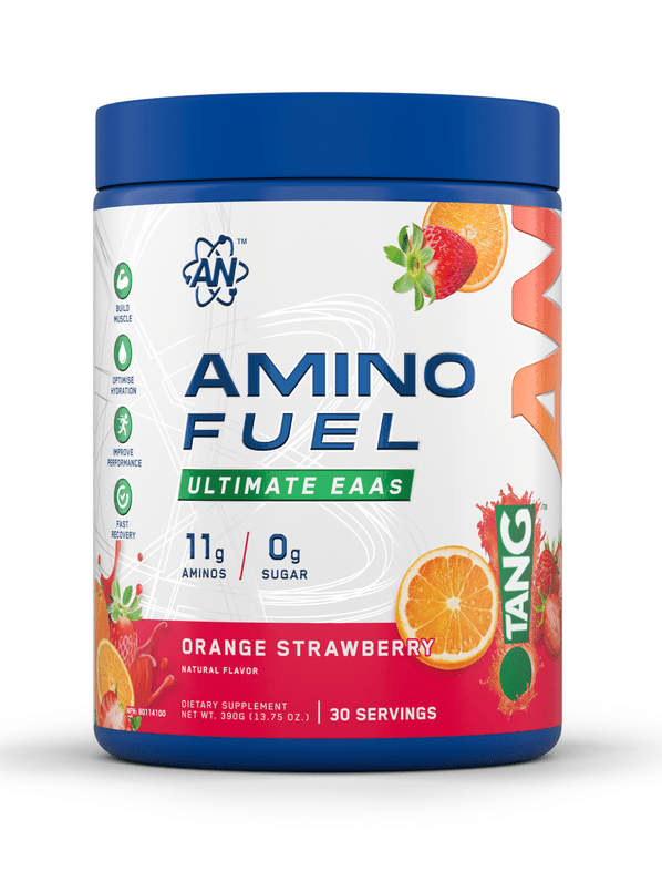 AN Amino Fuel Ultimate EAAs -30 Servings, Orange Strawberry flavor, dietary supplement with 11g aminos per serving.