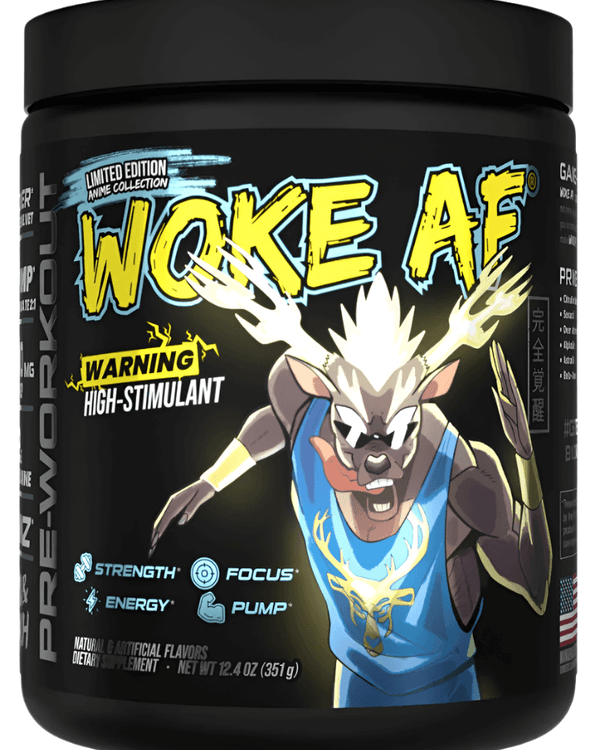 Bucked Up Pre Workout WOKE AF container highlighting strength, energy, and focus with an eye-catching design.
