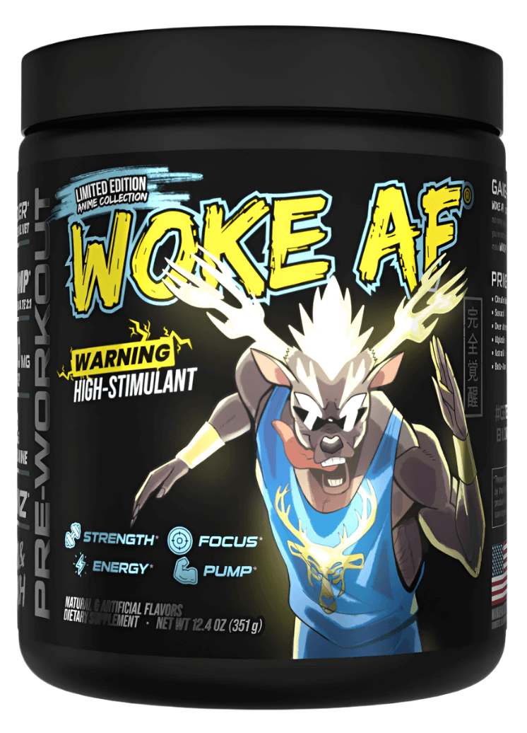 Bucked Up Pre Workout WOKE AF container highlighting strength, energy, and focus with an eye-catching design.