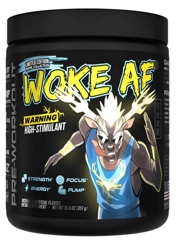 Bucked Up Pre Workout WOKE AF container highlighting strength, energy, and focus with an eye-catching design.