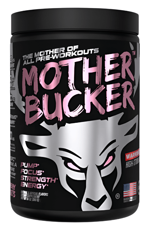 Bucked Up MOTHER BUCKER High-Stimulant Pre-Workout Formula container showcasing energy-boosting features.