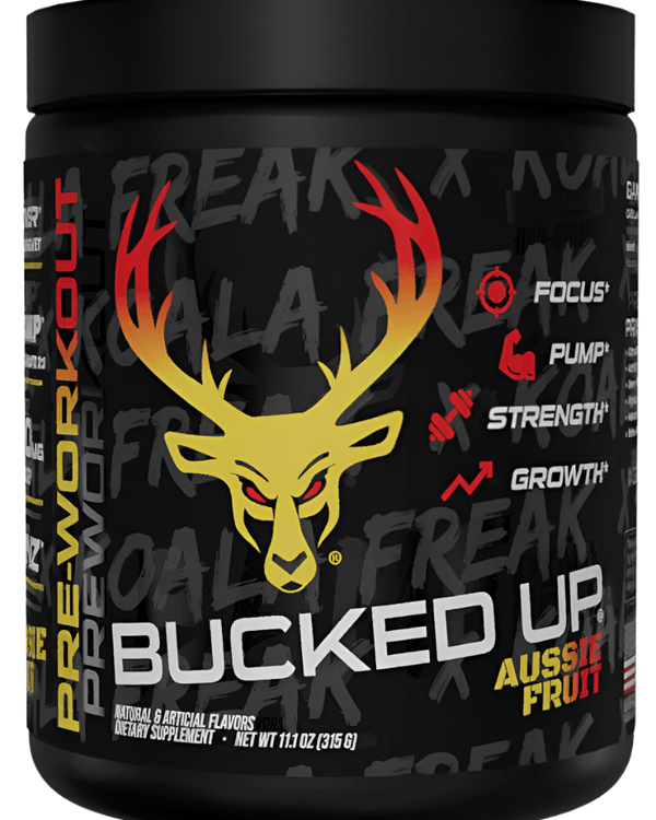 Bucked Up Pre-Workout - Energy Performance & Focus - Aussie Fruit flavor, designed for focus, pump, strength, and growth.