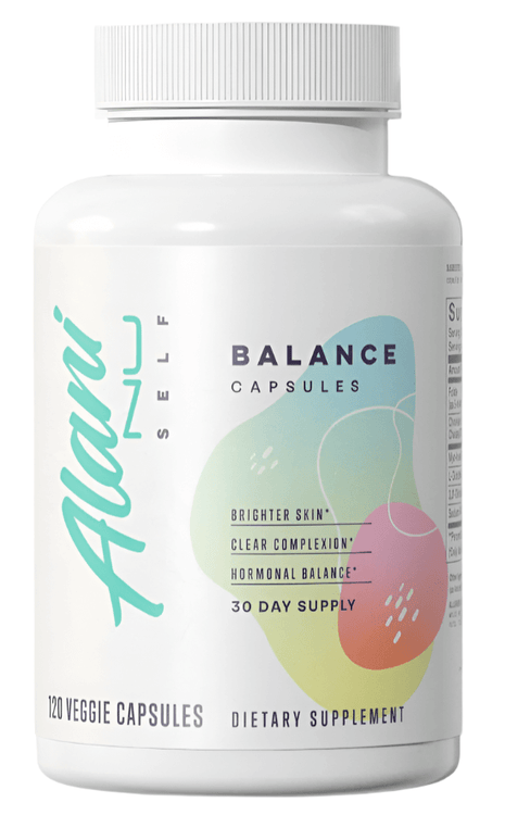 Alani Nu Balance Capsules - 120 Capsules bottle with dietary supplement information and colorful design.