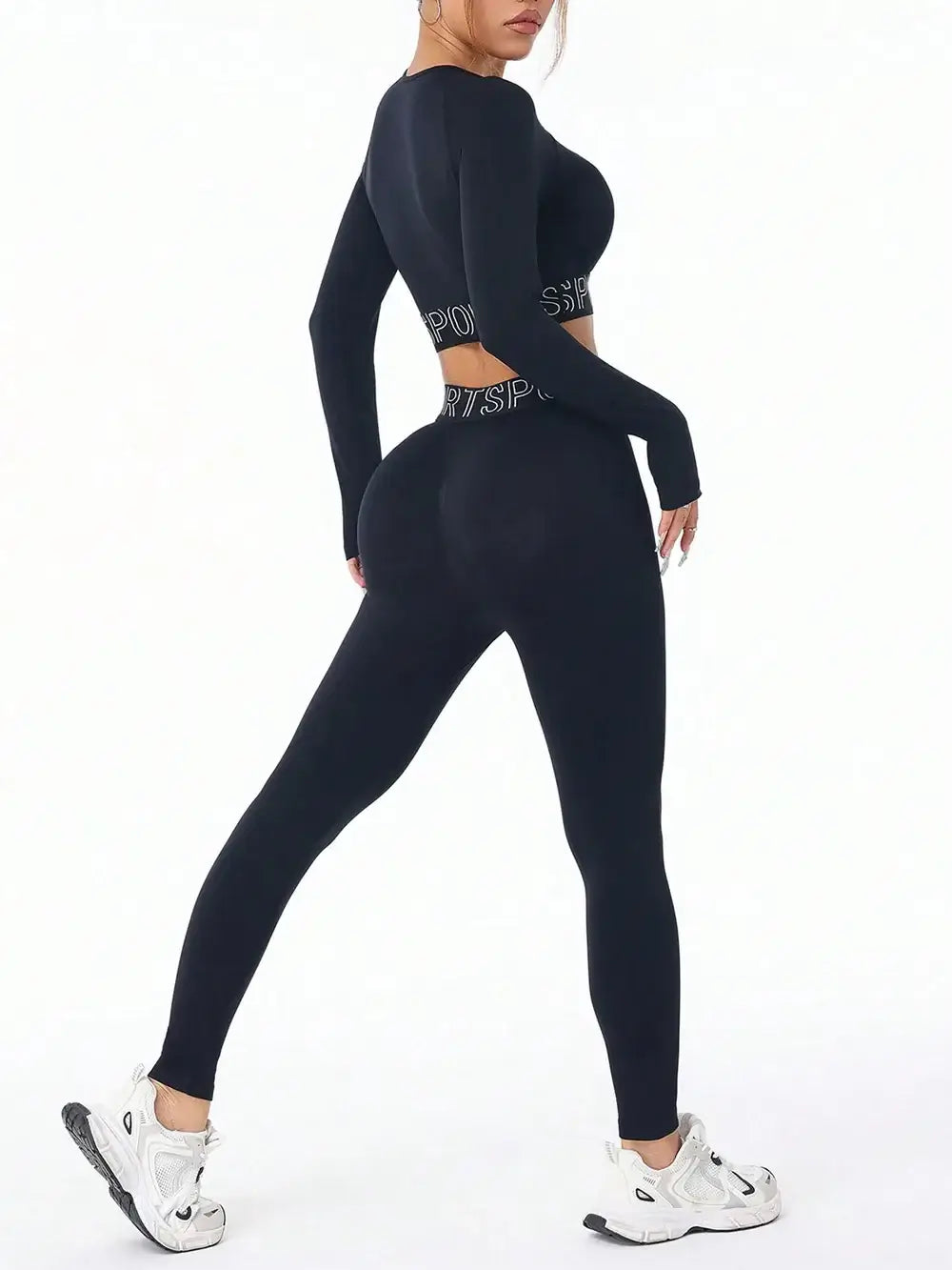 Letter Print Round Neck Long Sleeve Top and Leggings Set in black with a stylish design, perfect for workouts.