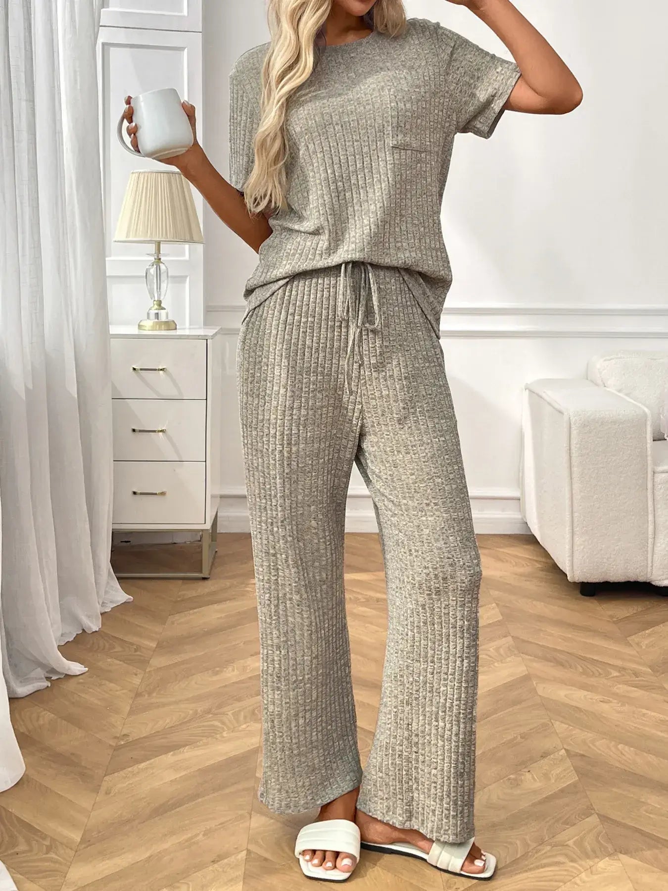 Ribbed Knit Short Sleeve Top and Pants Lounge Set, featuring a relaxed fit, drawstring pants, and stylish pocket.
