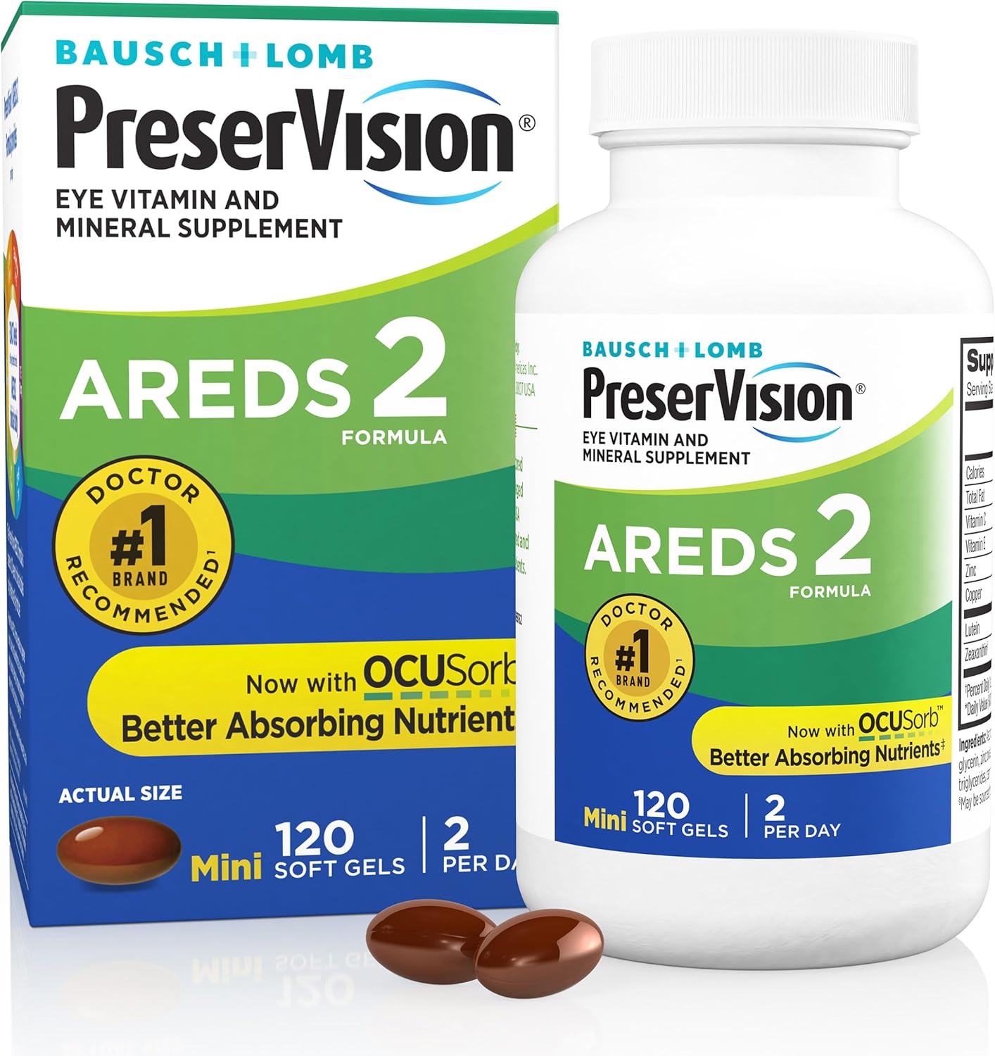 Bausch + Lomb PreserVision AREDS 2 Formula Eye Vitamin 120 Softgels with nutrient absorption benefits.