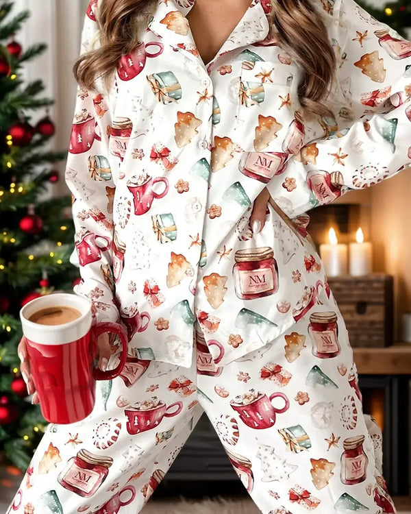 Printed Collared Neck Top and Pants Lounge Set worn by model holding a warm beverage in front of a holiday setting.