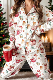 Printed Collared Neck Top and Pants Lounge Set worn by model holding a warm beverage in front of a holiday setting.