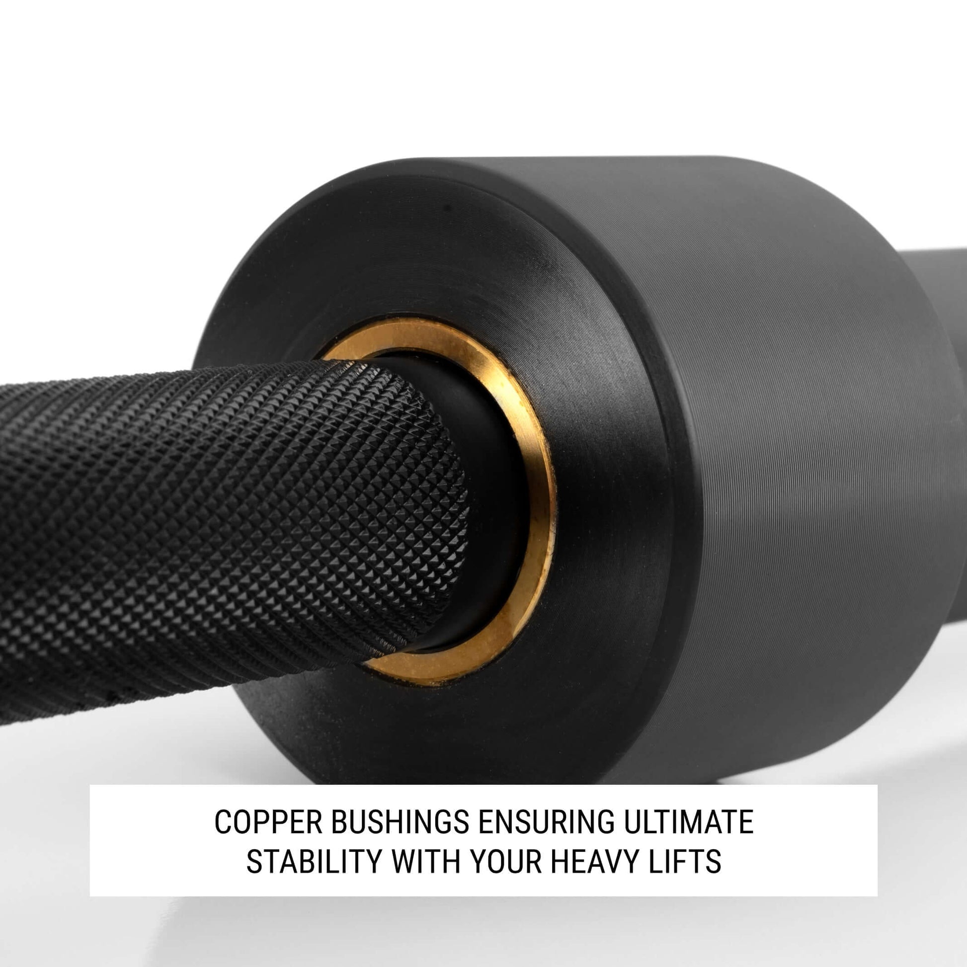 Big Easy Squat Bar 210000 PSI Weighs 25kg with 32mm Grip showing copper bushings for lift stability.