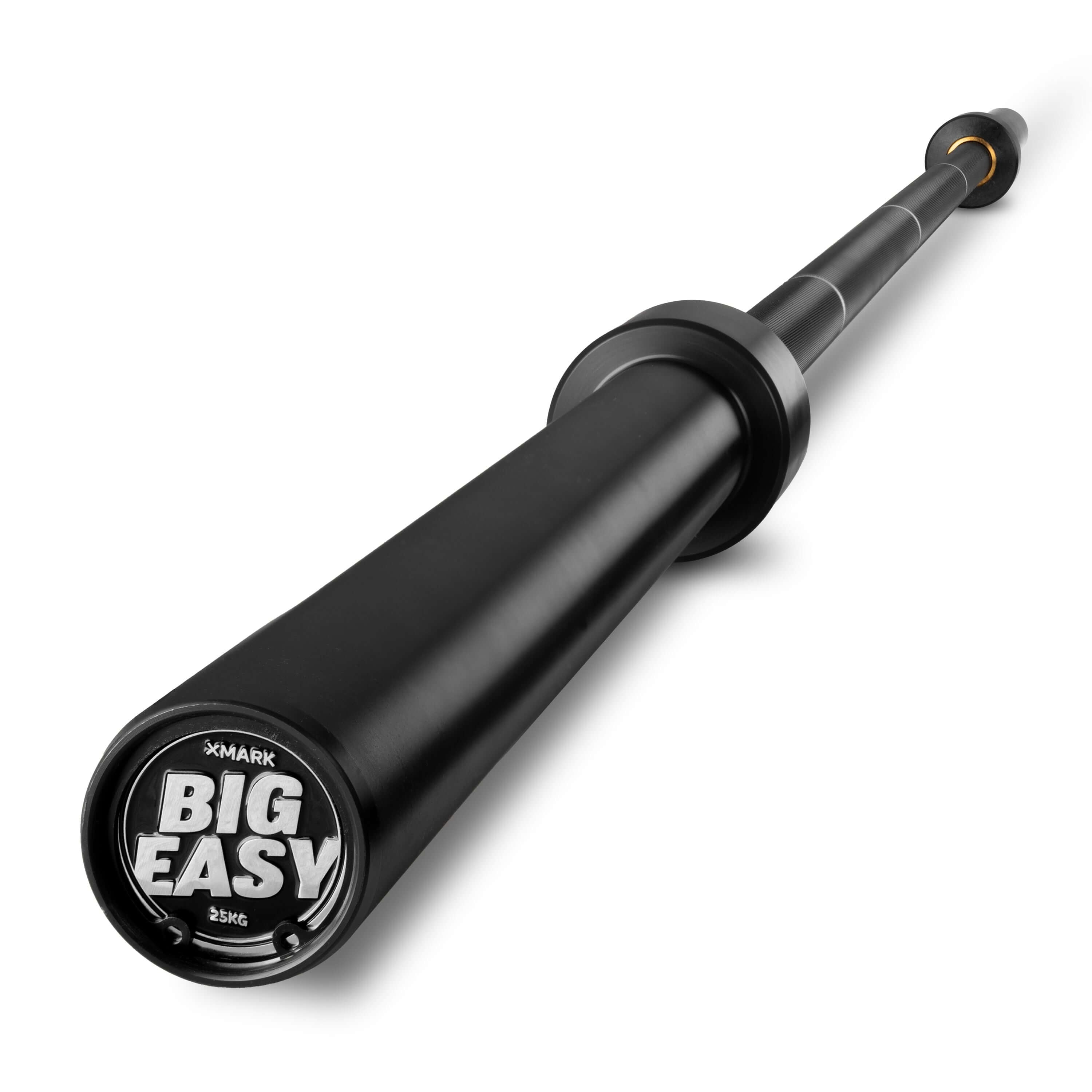 Big Easy Squat Bar 210000 PSI Weighs 25kg with 32mm Grip viewed from the end showing logo and grip design