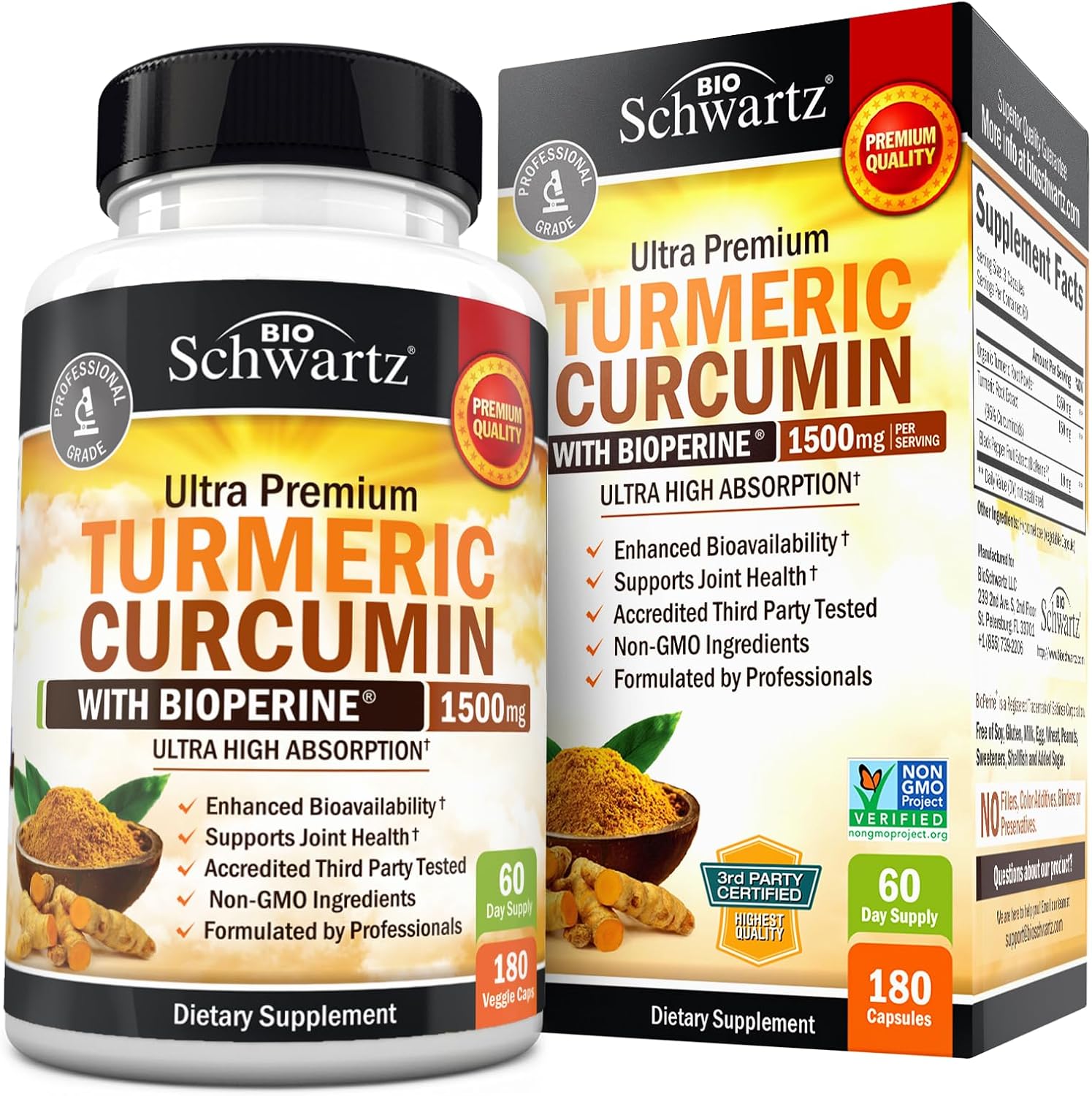 Bio Schwartz Turmeric Curcumin with Black Pepper Extract 1500mg supplement bottle and box packaging.